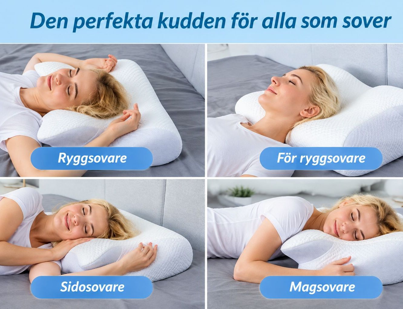 Vitadormis Nackstöd Pro visad i olika sovställningar på rygg, sida och mage